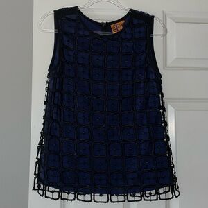 Tory Burch Womens Size 6 Solid Blue 100% Silk Tank Top Black Overlay